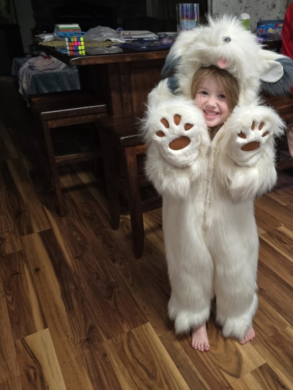 Very Vintage.White Furry Doggie Kids Costume Hooded  Head & Mitts To Cover Hands